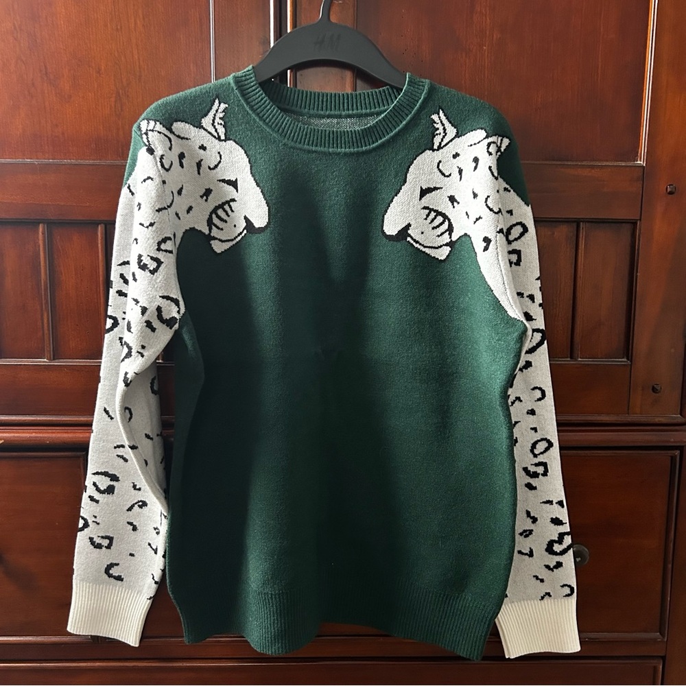 Green Sweater with Animal Print Sleeves